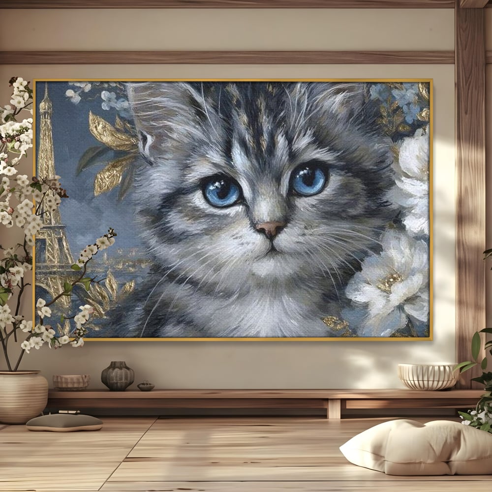 Tablou canvas cu tablou canvas cu pisica si turnul eiffel, in rama de aluminiu auriu